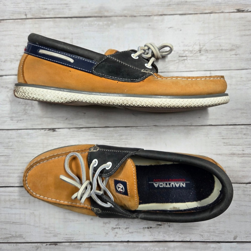 Nautica Competition Boat Shoes Mens 10M Tan Navy Blue Leather Loafers 85-2137‎